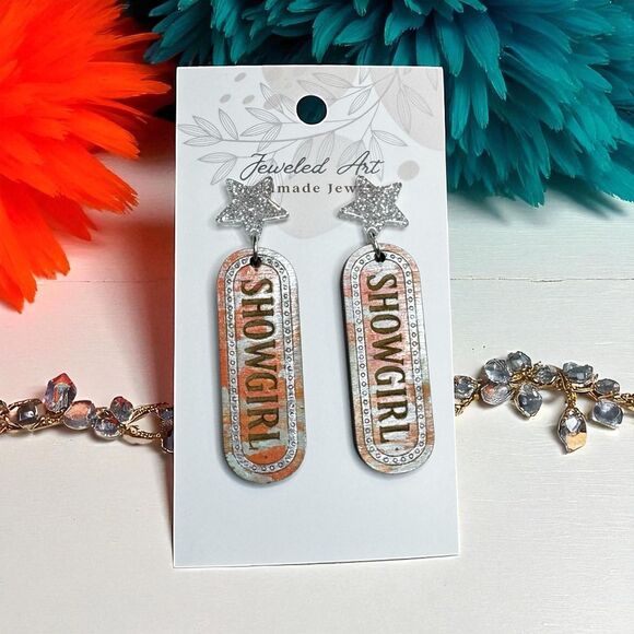 Pre-order Hand-Painted Showgirl Inspired Marquee Statement Wood Earrings - Picture 6 of 6